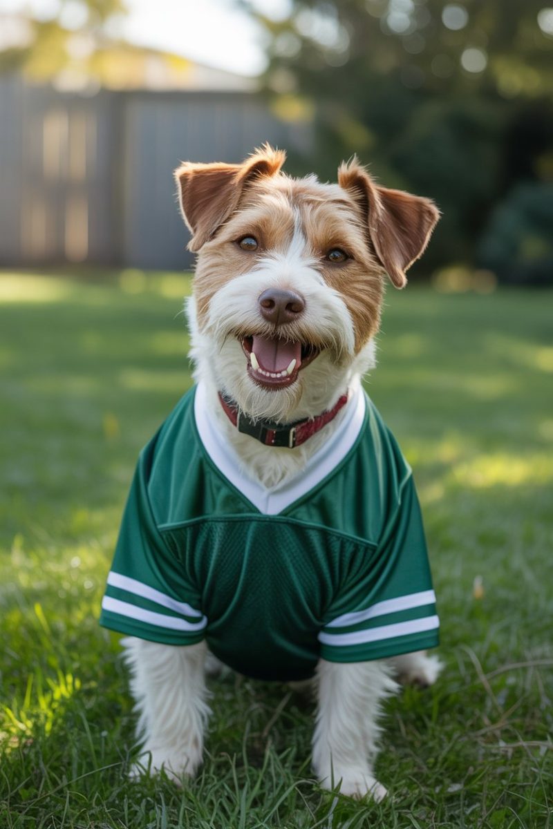 A spirited terrier dog wearing a green football jersey, smiling in a grassy yard.
