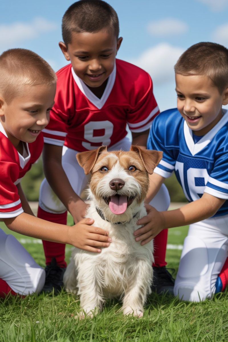 A spirited terrier surrounded by kids in football jerseys, embodying the fun of teamwork.