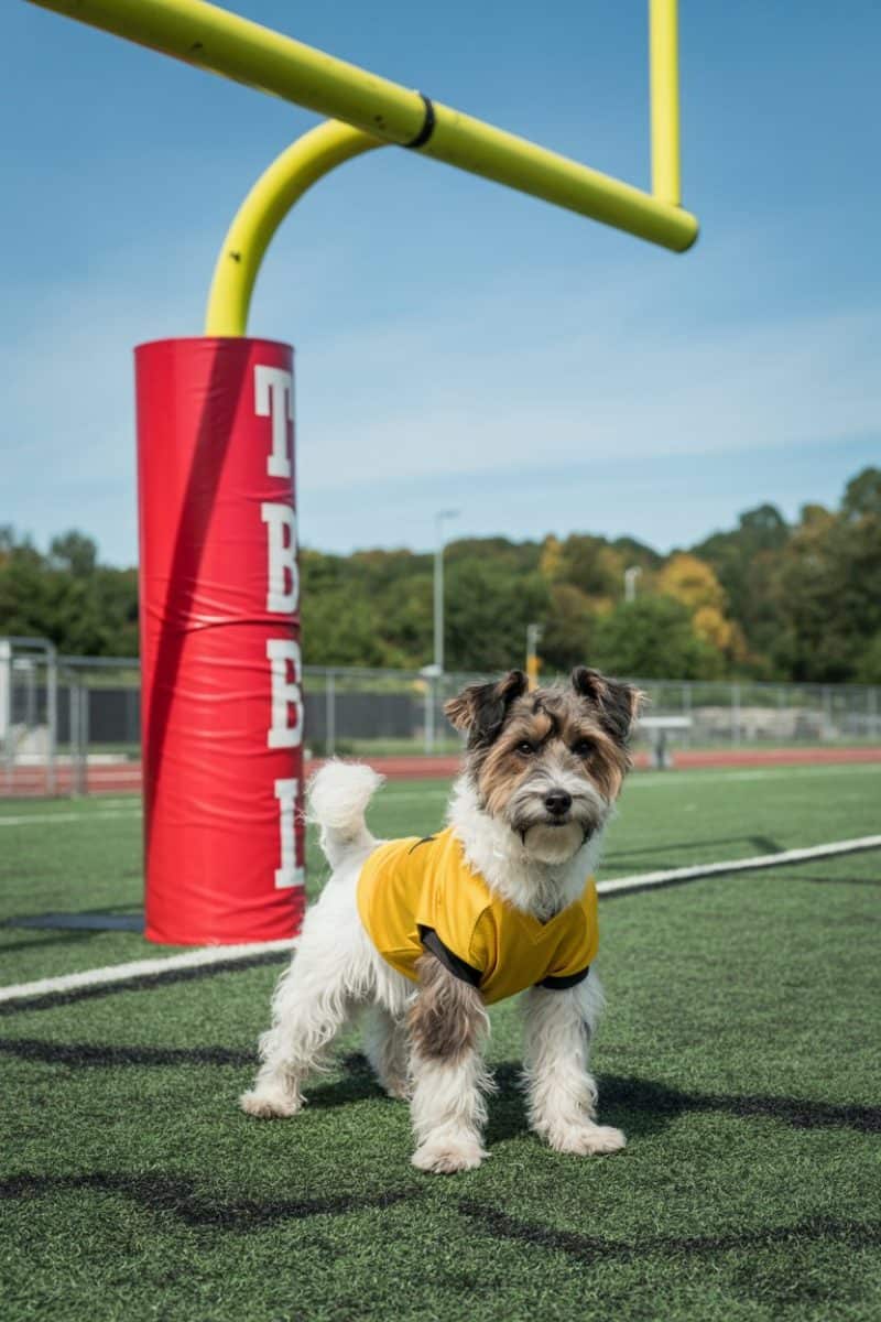 A terrier dog dressed in a yellow jersey standing next to a field goal post on a football field.
