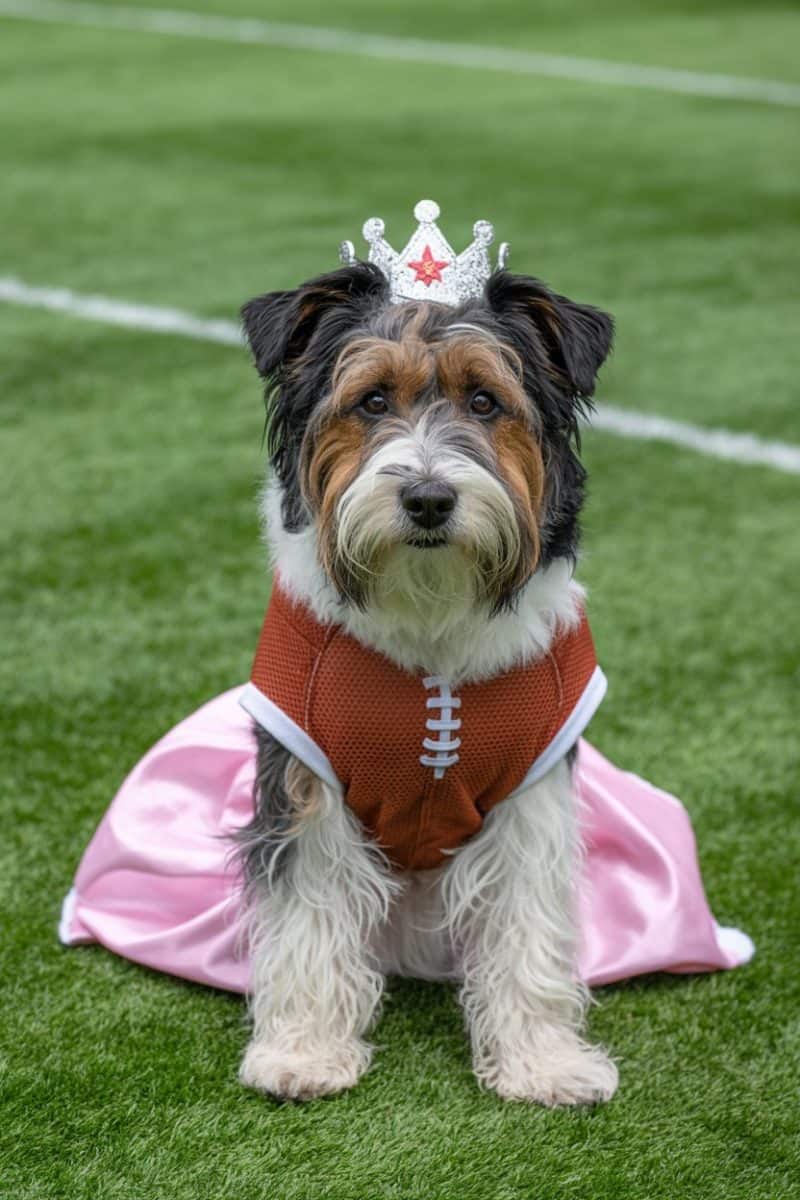 A Terrier mix dog sitting on bright green artificial turf, wearing a red football-style vest with white laces across the front.