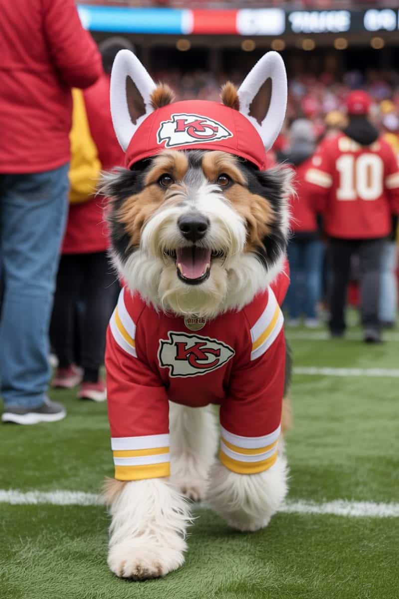 A happy mixed-breed dog wearing a Kansas City Chiefs mascot costume. 