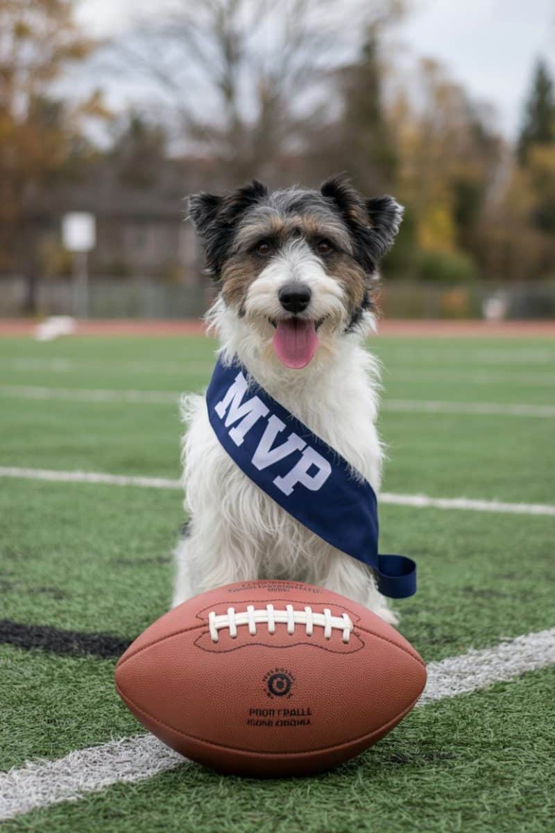A Terrier mix dog sitting on a football field wearing a navy blue sash with white text "MVP".