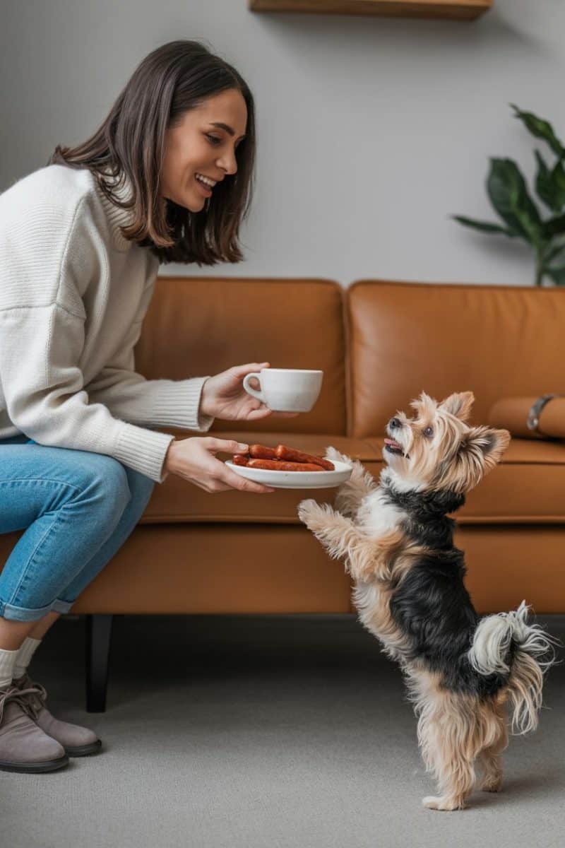 A woman in a cozy sweater holds a cup of coffee while her Morkie stands on its hind legs, eagerly reaching for a plate of sausages.