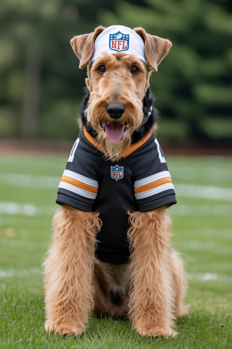 An Airedale Terrier dog sitting upright on a grass field wearing a black NFL jersey with orange and white accents. 