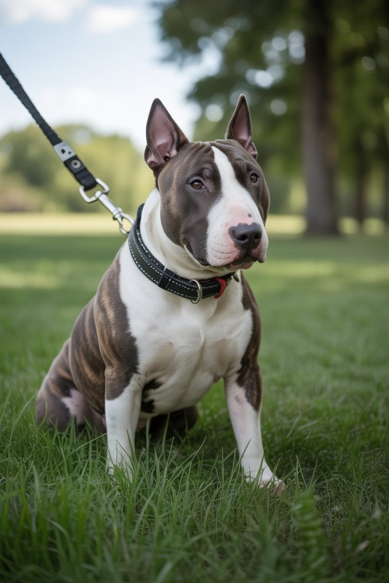An American Bull Terrier sitting on green grass in a park setting.