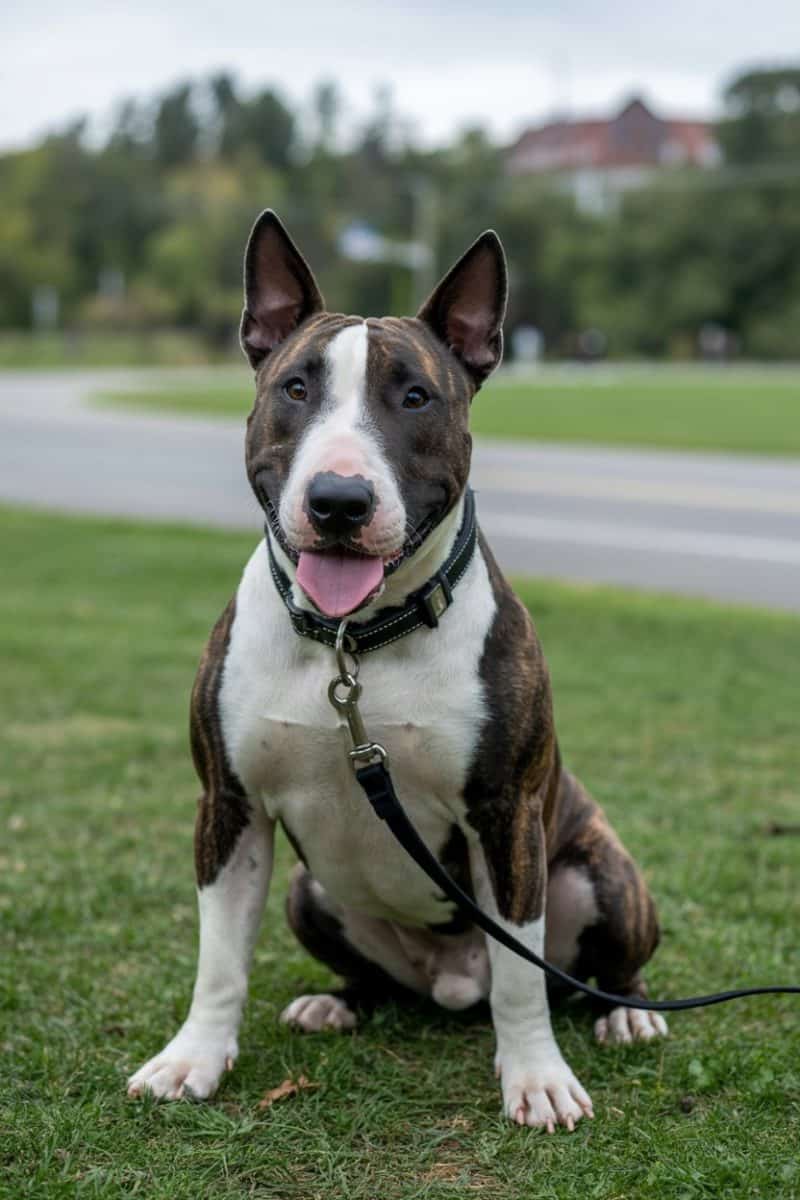 A happy American Bull Terrier sitting on green grass.