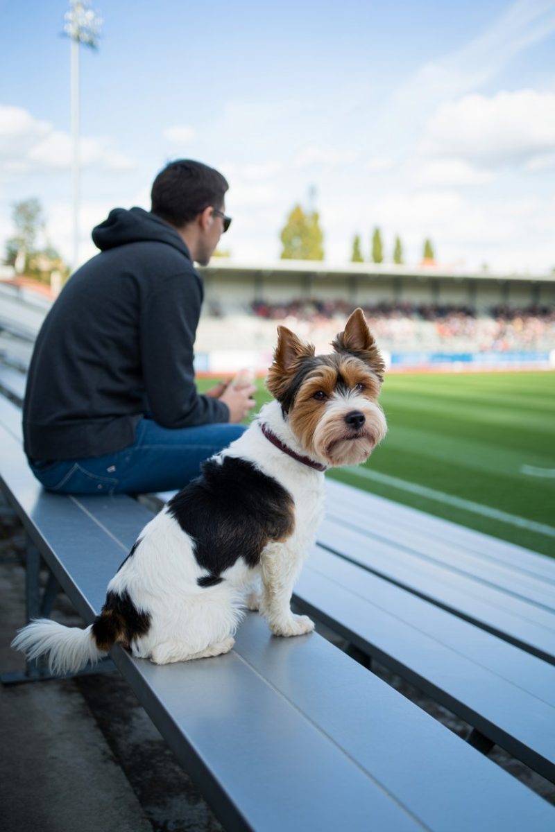 A small terrier mix dog sitting attentively on stadium bleachers. 