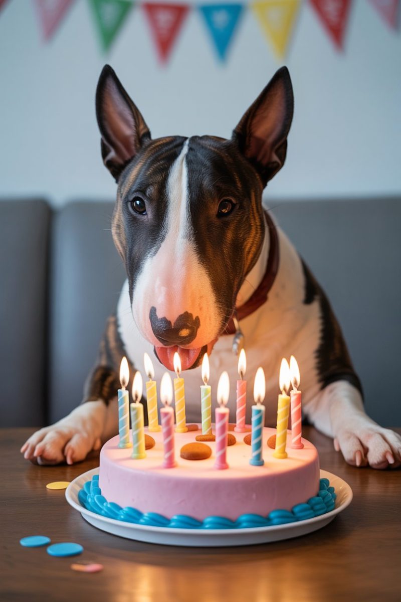 A Bull Terrier dog with a black and white coat and distinctive mustache markings, sitting at a wooden table with a birthday cake.