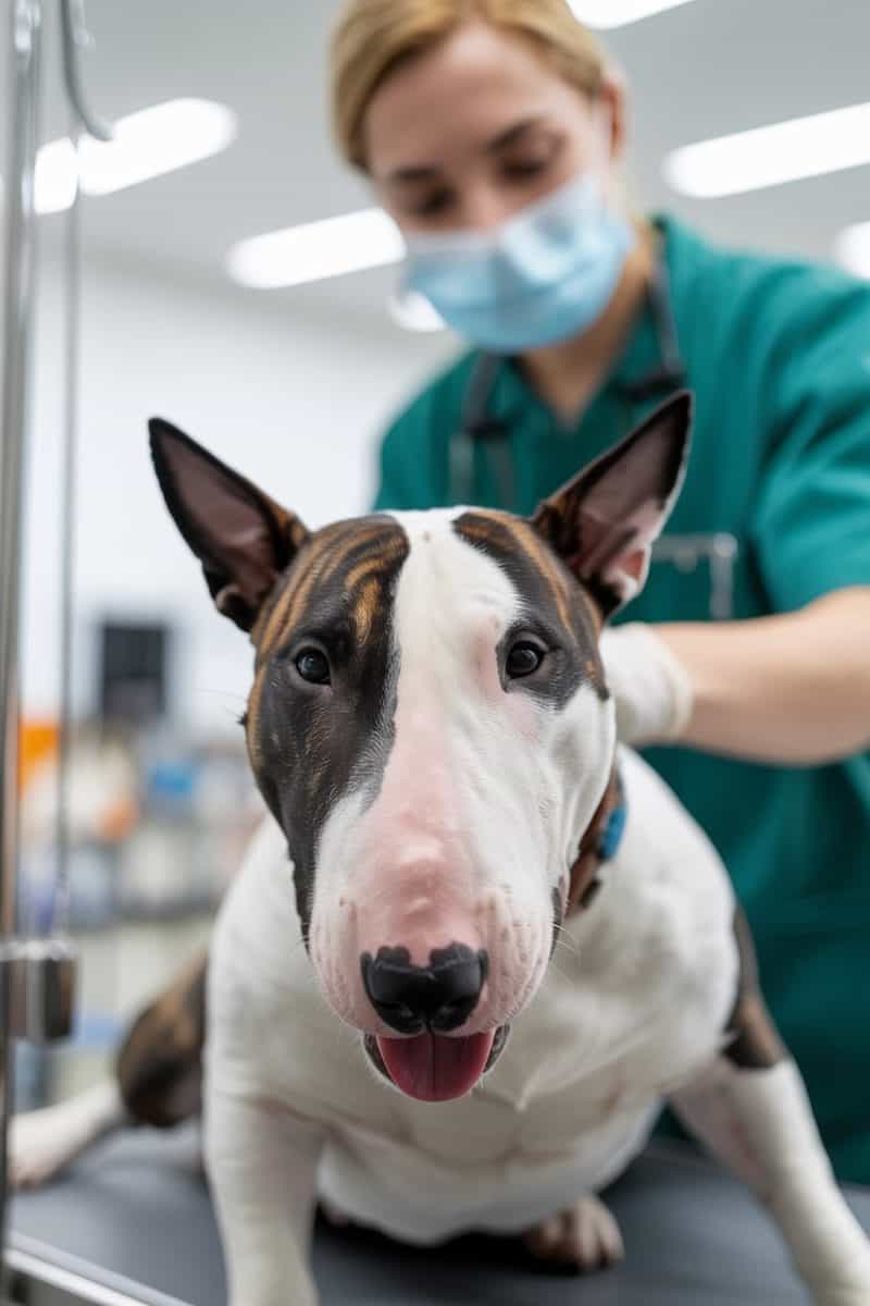A Bull Terrier dog in a veterinary clinic setting.