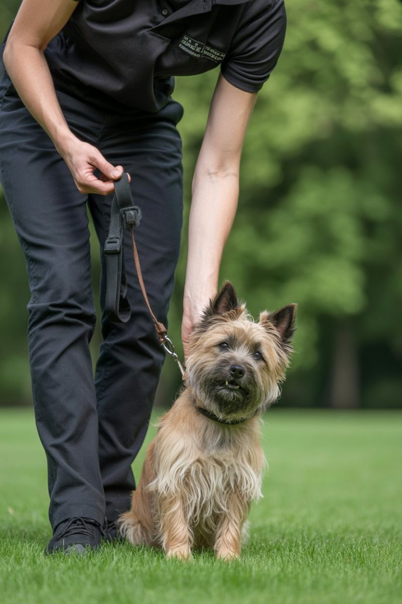 A small Cairn Terrier dog sitting attentively on green grass, with a person's legs and hands visible from the waist down.