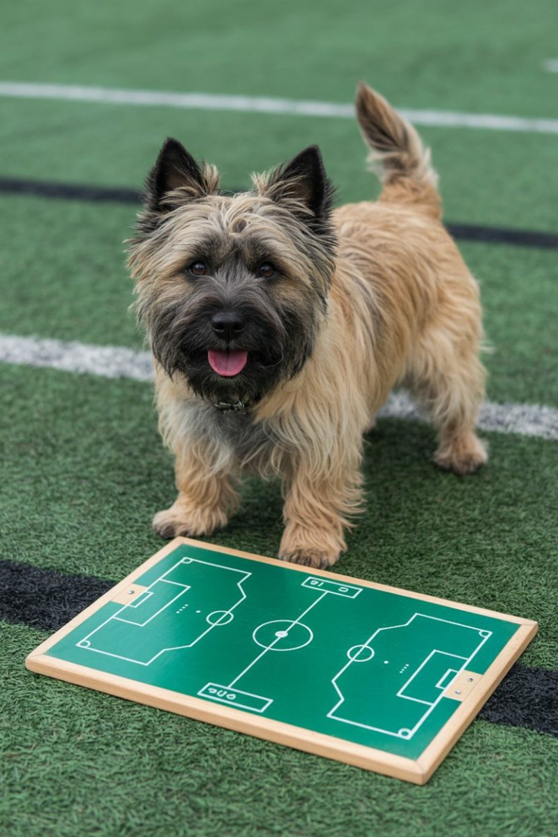A Cairn Terrier dog standing on artificial turf with white field lines visible.