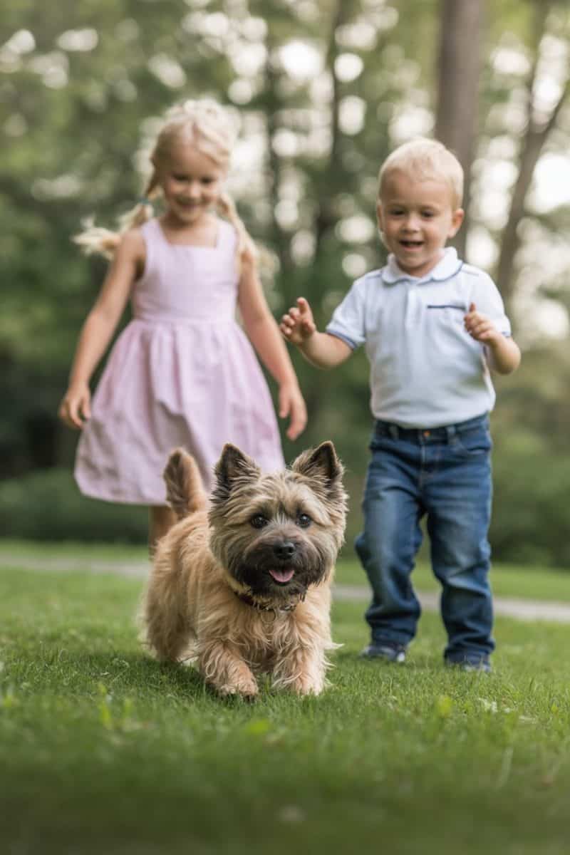 A young caucasian girl and boy playing with a small tan-colored Cairn Terrier dog on a grassy lawn.