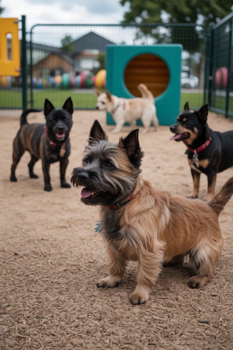 Four dogs in an outdoor dog park.