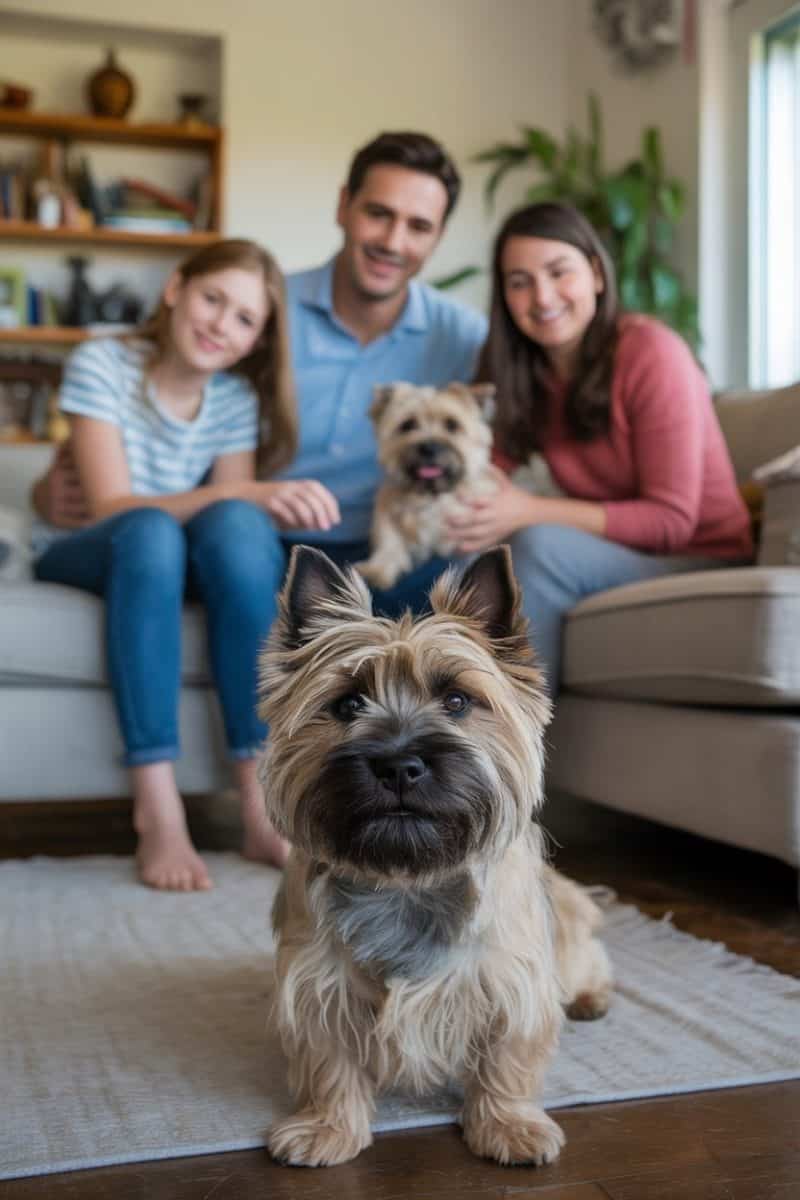 A Caucasian family with a small tan and white terrier dog in a living room setting.