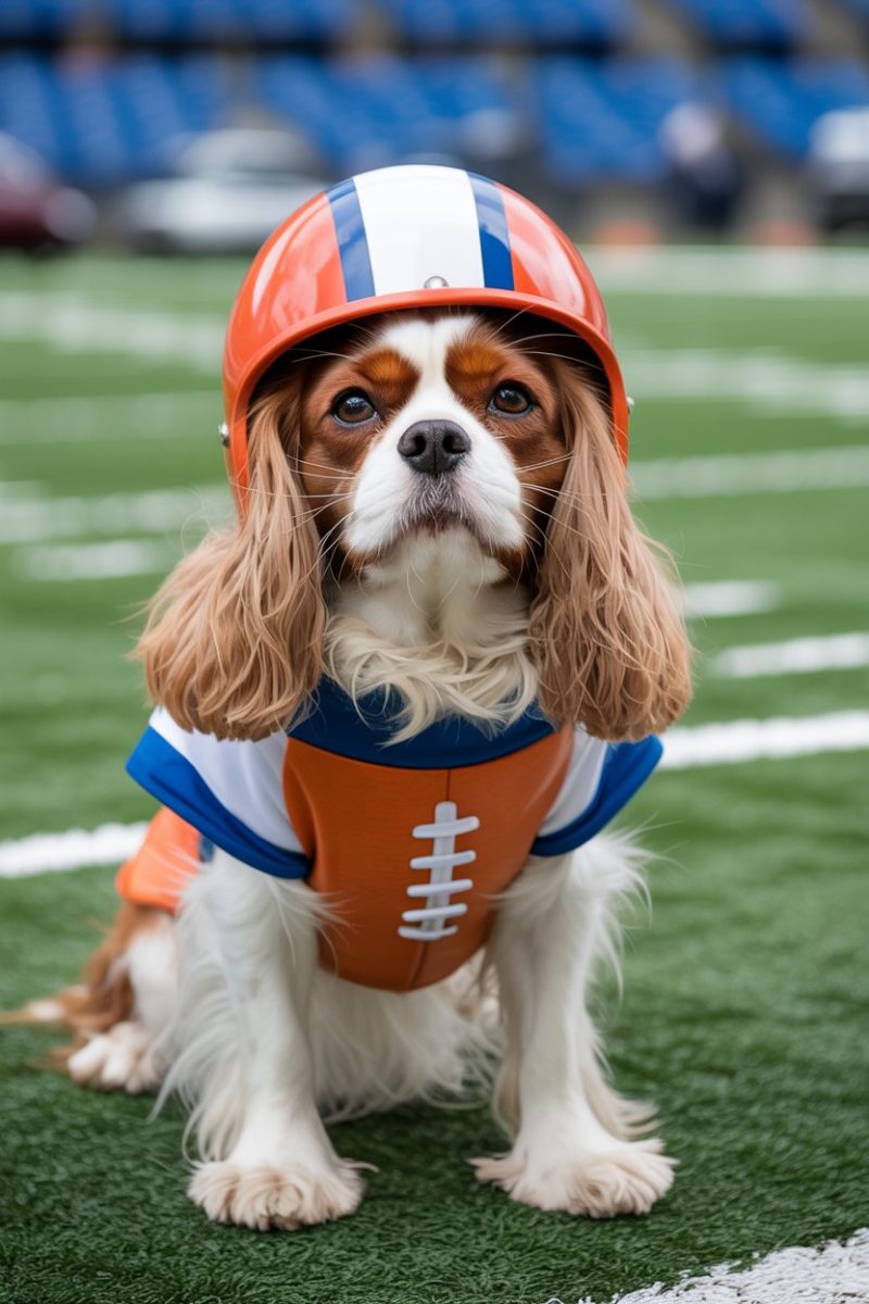 A Cavalier King Charles Spaniel wearing a Denver Broncos NFL helmet and jersey on a football field.