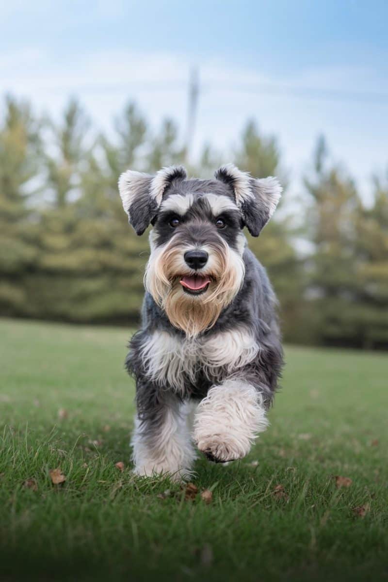 A Miniature Schnauzer dog running on green grass.