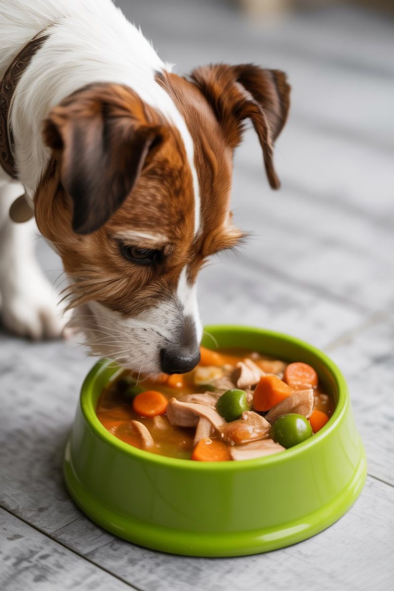 A Jack Russell Terrier dog eating from a lime green plastic bowl.