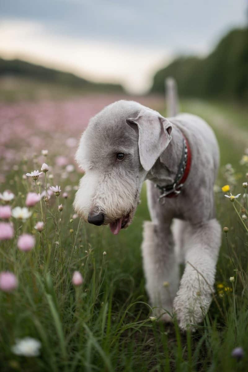 A Bedlington Terrier dog standing in a meadow filled with pink cosmos flowers.