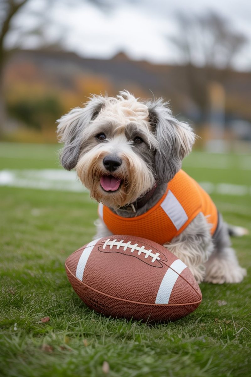 A small mixed-breed dog lying on green grass next to a brown leather American football. 