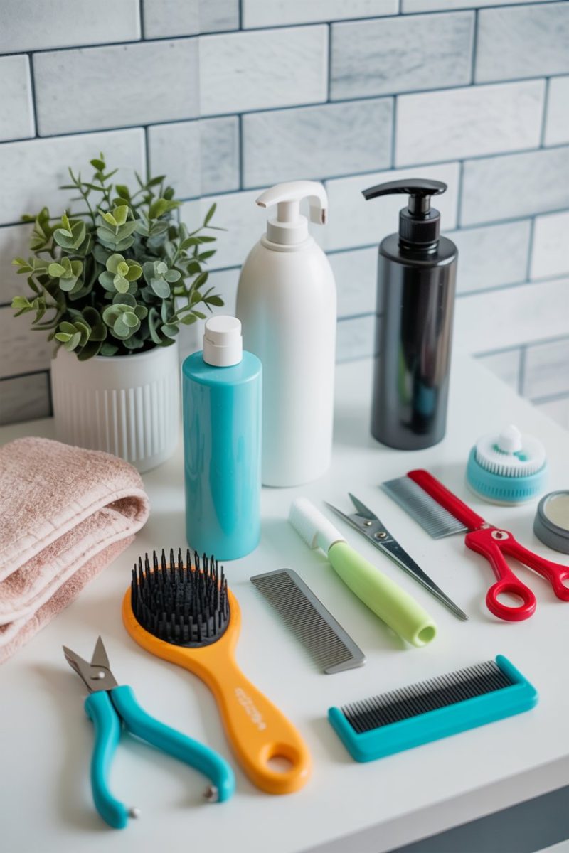 Setup of grooming and pet care items on a white surface against a light gray tiled wall background.