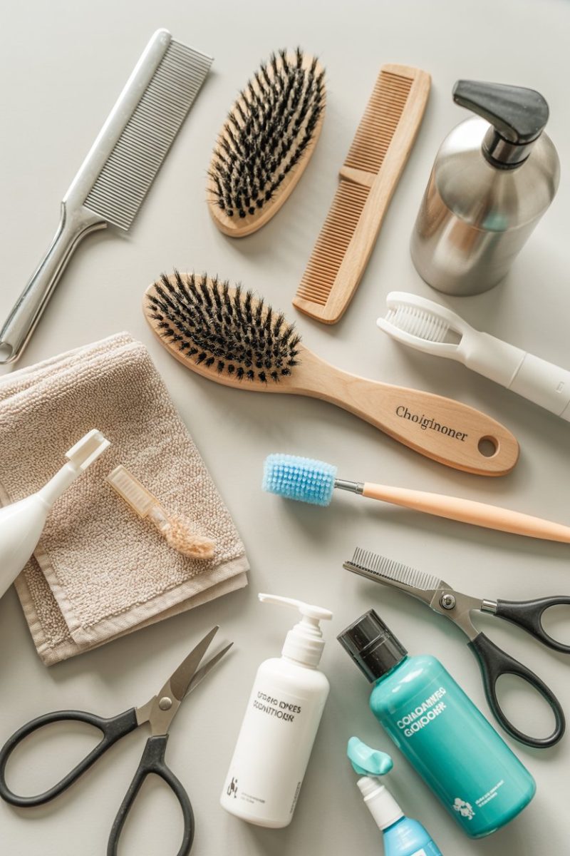 Various personal grooming and hair care items arranged on a light gray background.