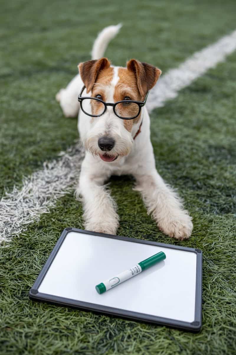 A Wire Fox Terrier dog wearing black-rimmed rectangular glasses, lying on artificial turf with a white line visible in the background.