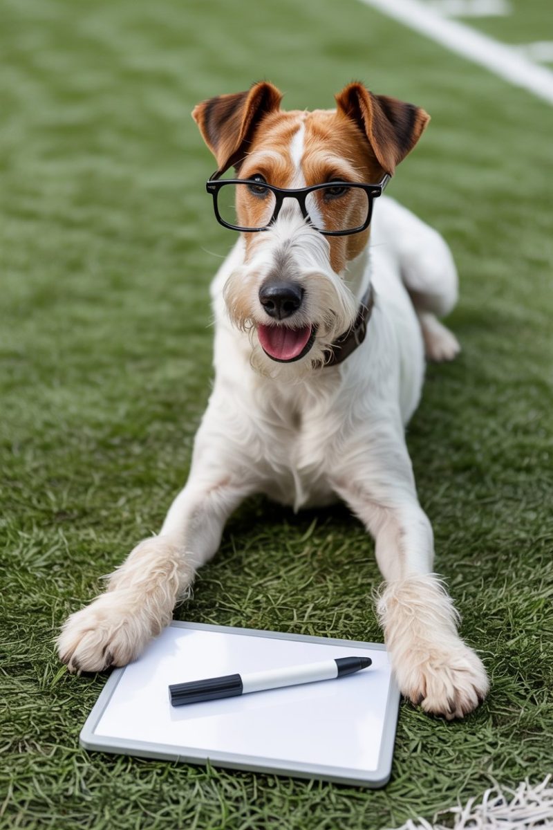 A Fox Terrier dog wearing black-rimmed rectangular glasses, lying on artificial turf grass.