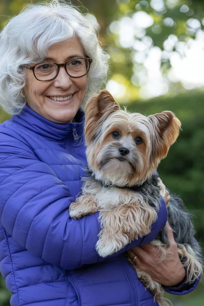 An older woman smiling while holding a small dog in a park.