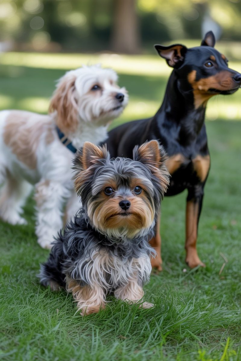 Three dogs standing on green grass in a natural outdoor setting.