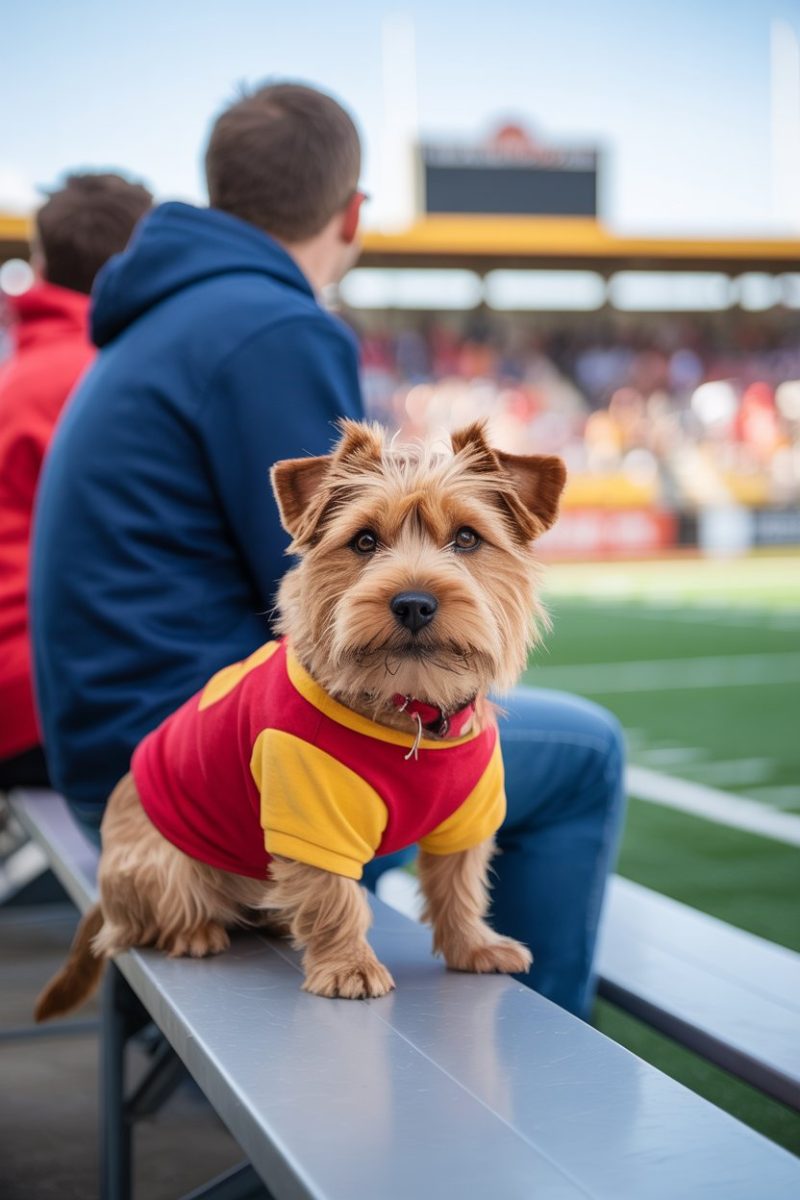 A Norfolk Terrier dog sitting on stadium bleachers at a sports game. 