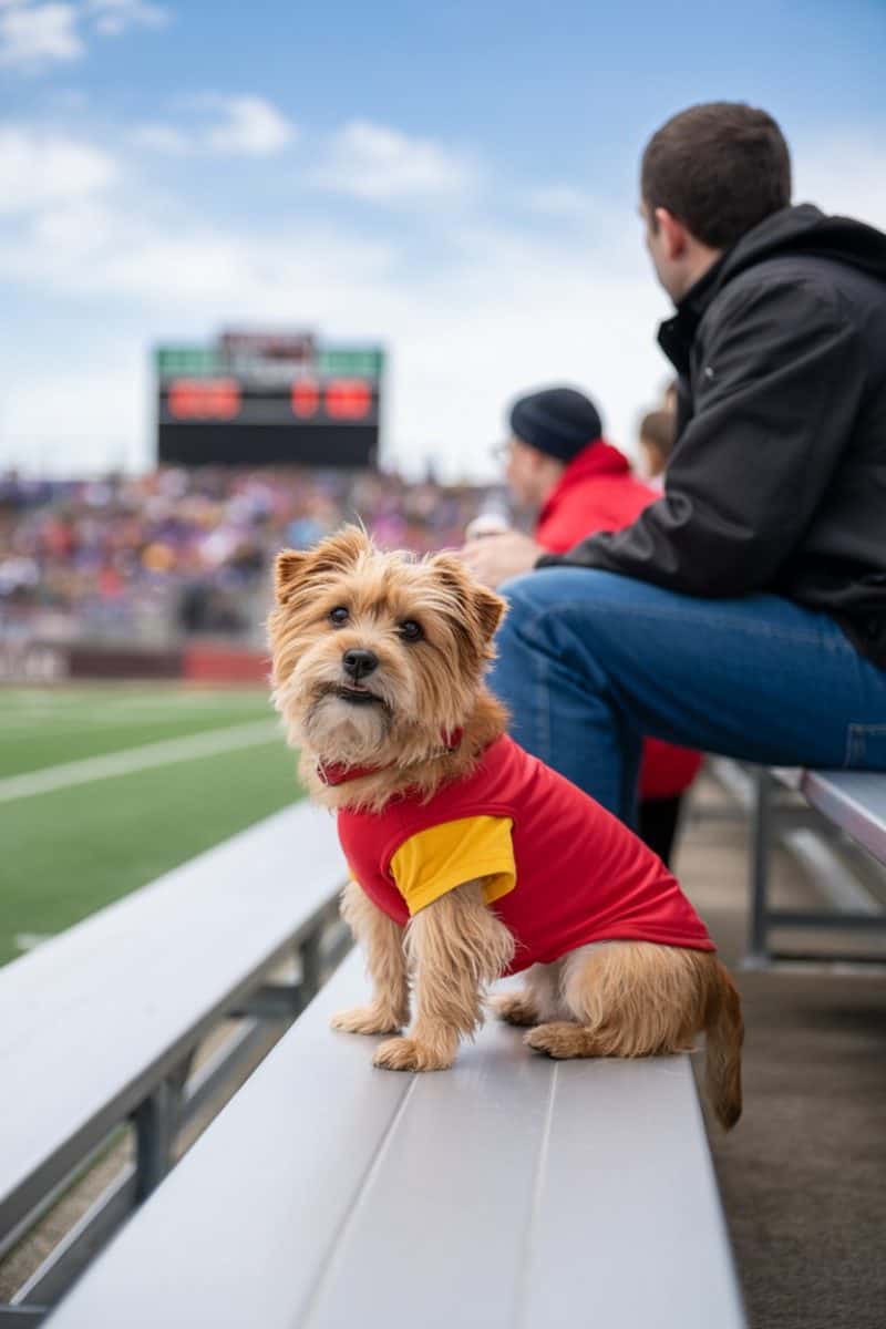 A Norfolk Terrier dog sitting on stadium bleachers wearing a red and yellow t-shirt.