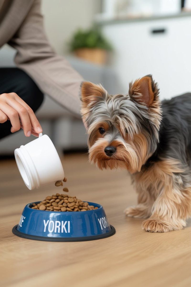 A Yorkshire Terrier being fed on a light wooden floor.
