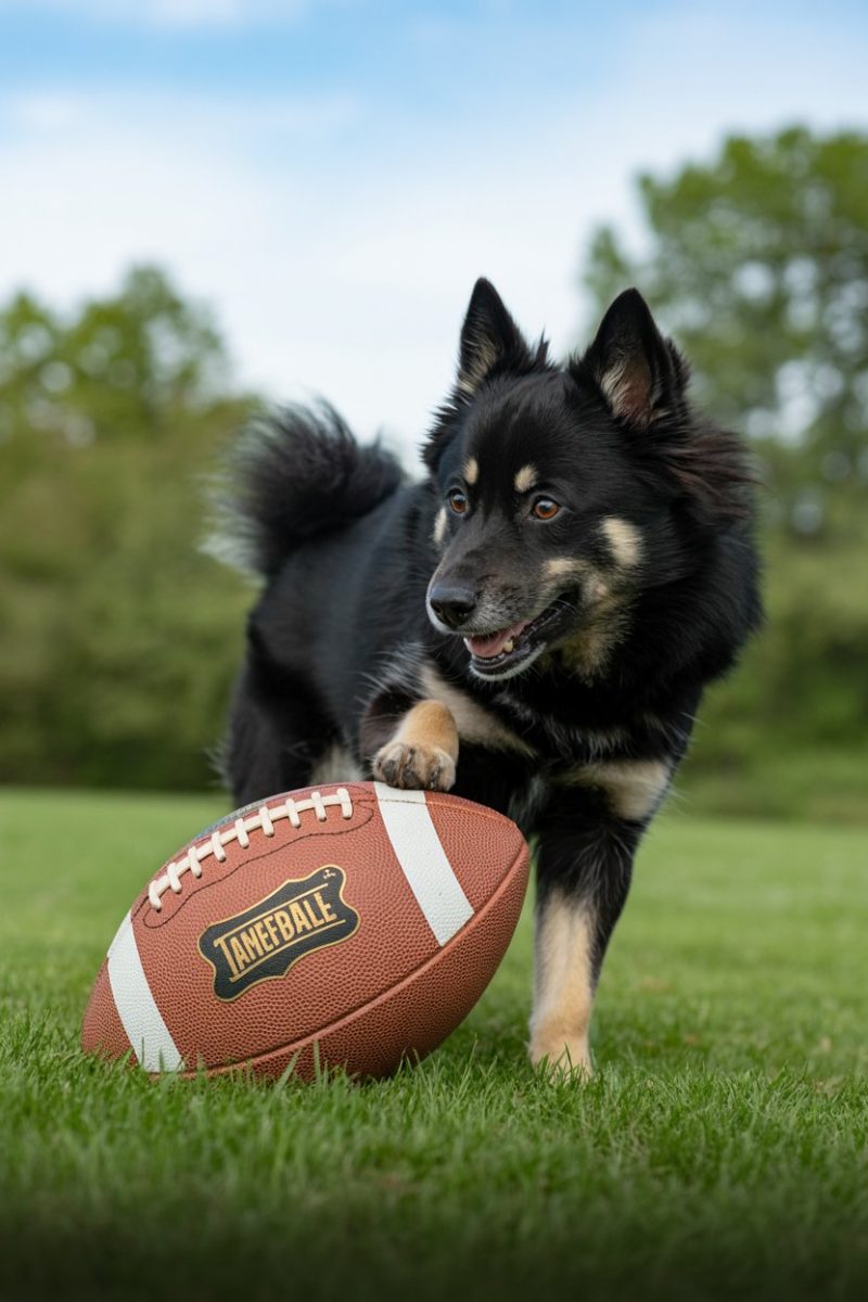 A Schipperke dog playing with an American football on a grassy lawn.