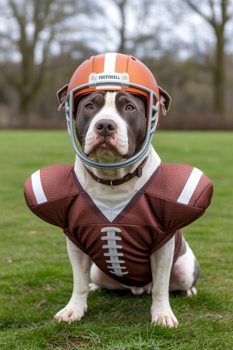 A Terrier dog wearing a football uniform and helmet. 