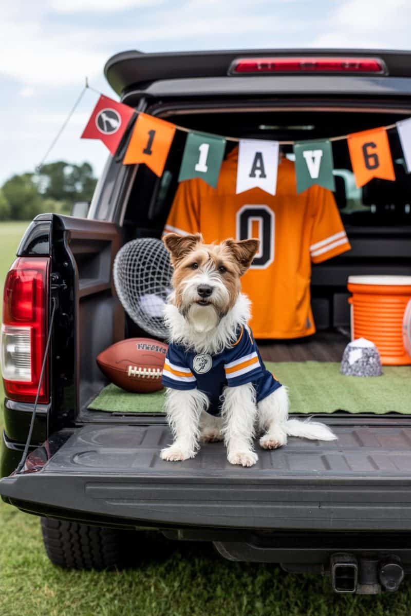 A Terrier mix dog sitting in the open trunk of a black vehicle.