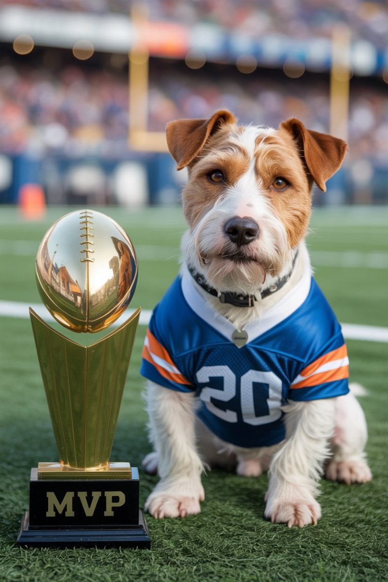 A Terrier mix dog wearing a blue and orange sports jersey with the number "20" on a football field.