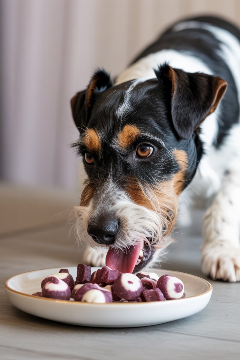 A Jack Russell Terrier dog eating treats from a white ceramic plate.