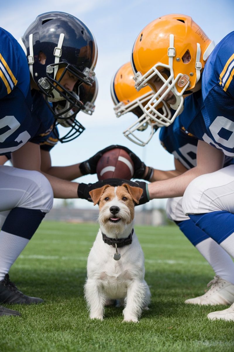 A small Jack Russell Terrier dog sitting on a grass football field between two American football players in a defensive stance.