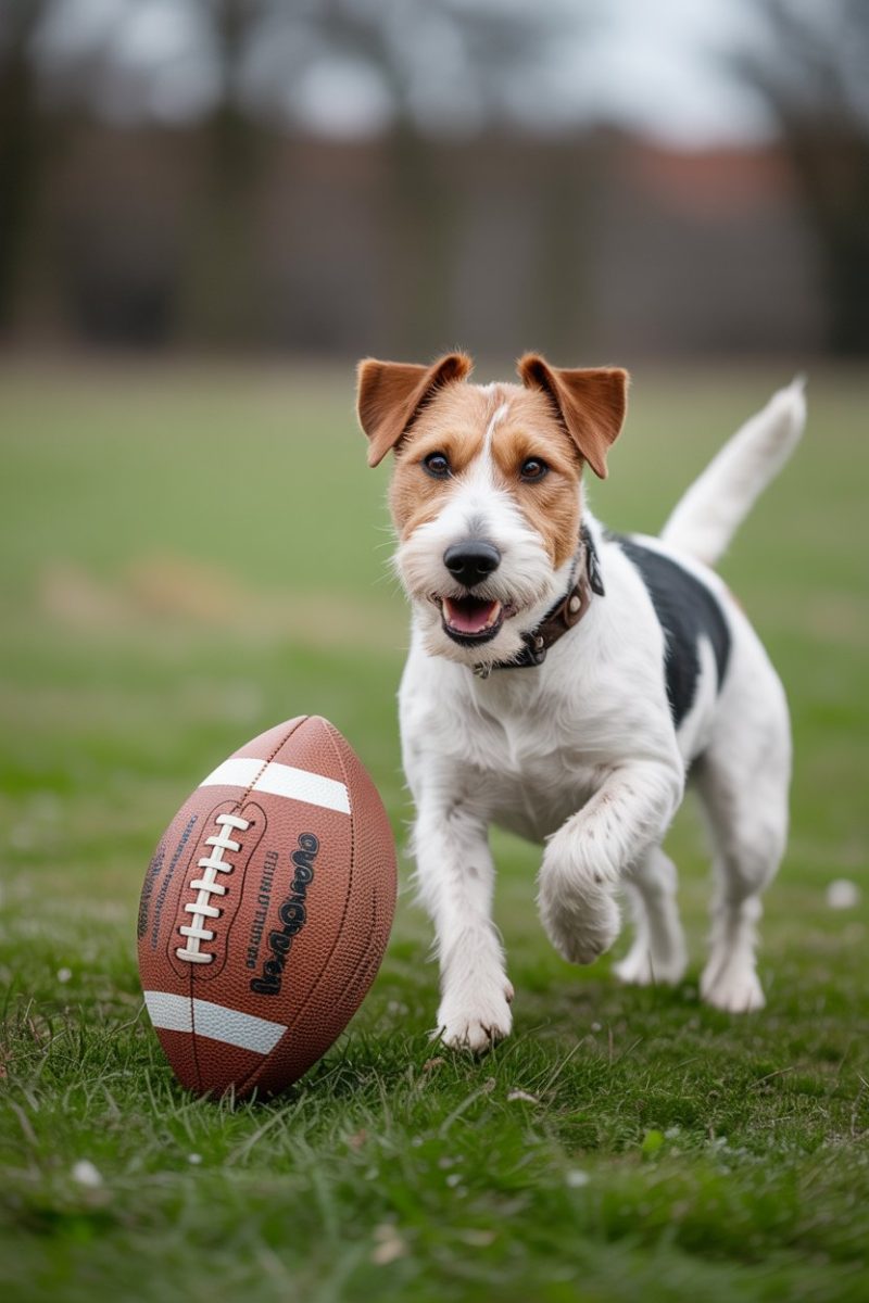A Terrier dog playing with an American football on grass. 