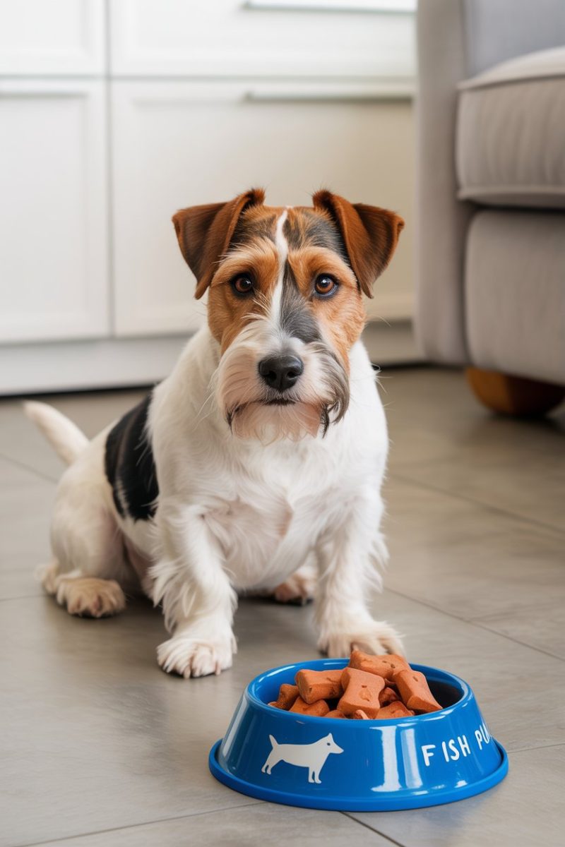 A Jack Russell Terrier dog sitting on a light gray tile floor.