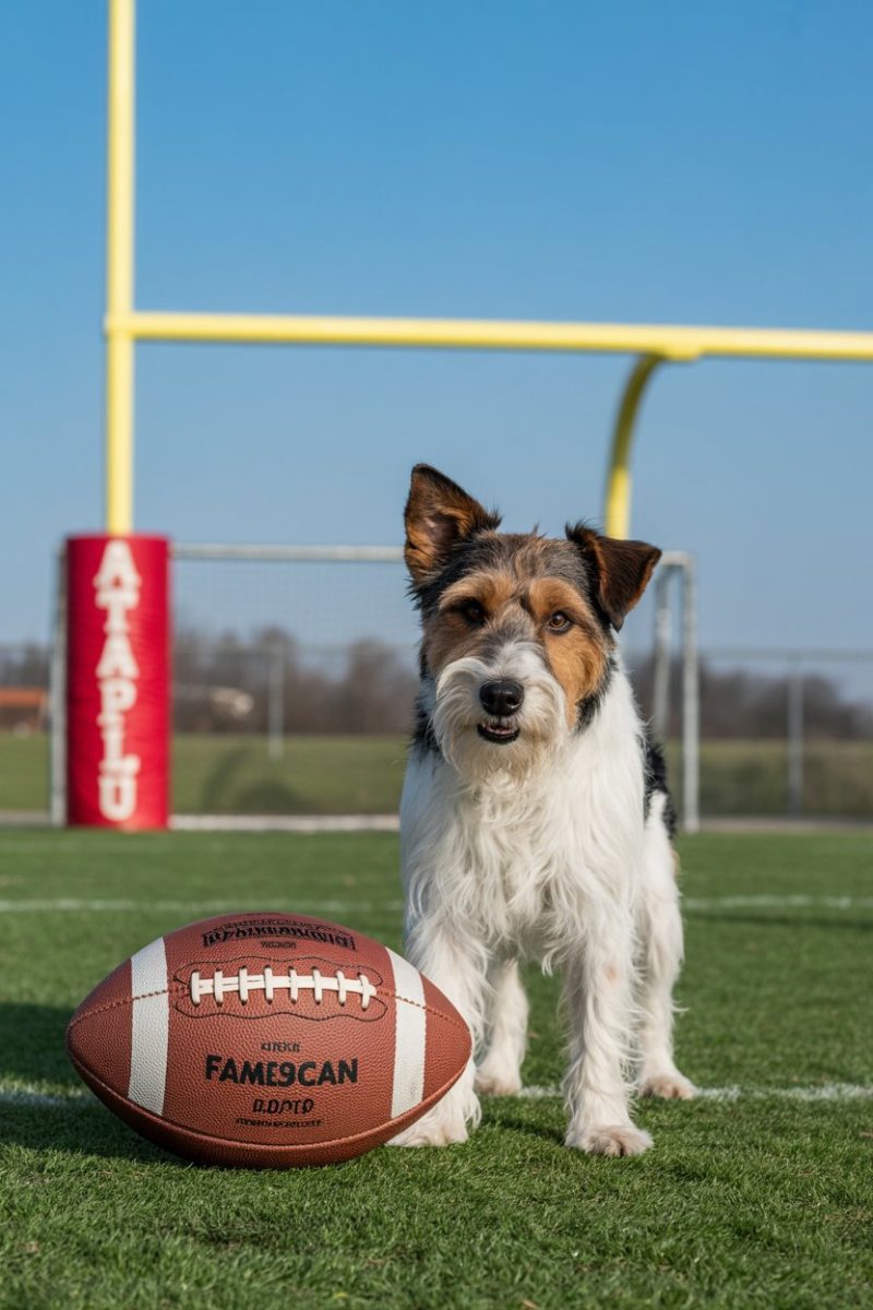 A Jack Russell Terrier mix dog standing on a football field next to a brown NFL football. 
