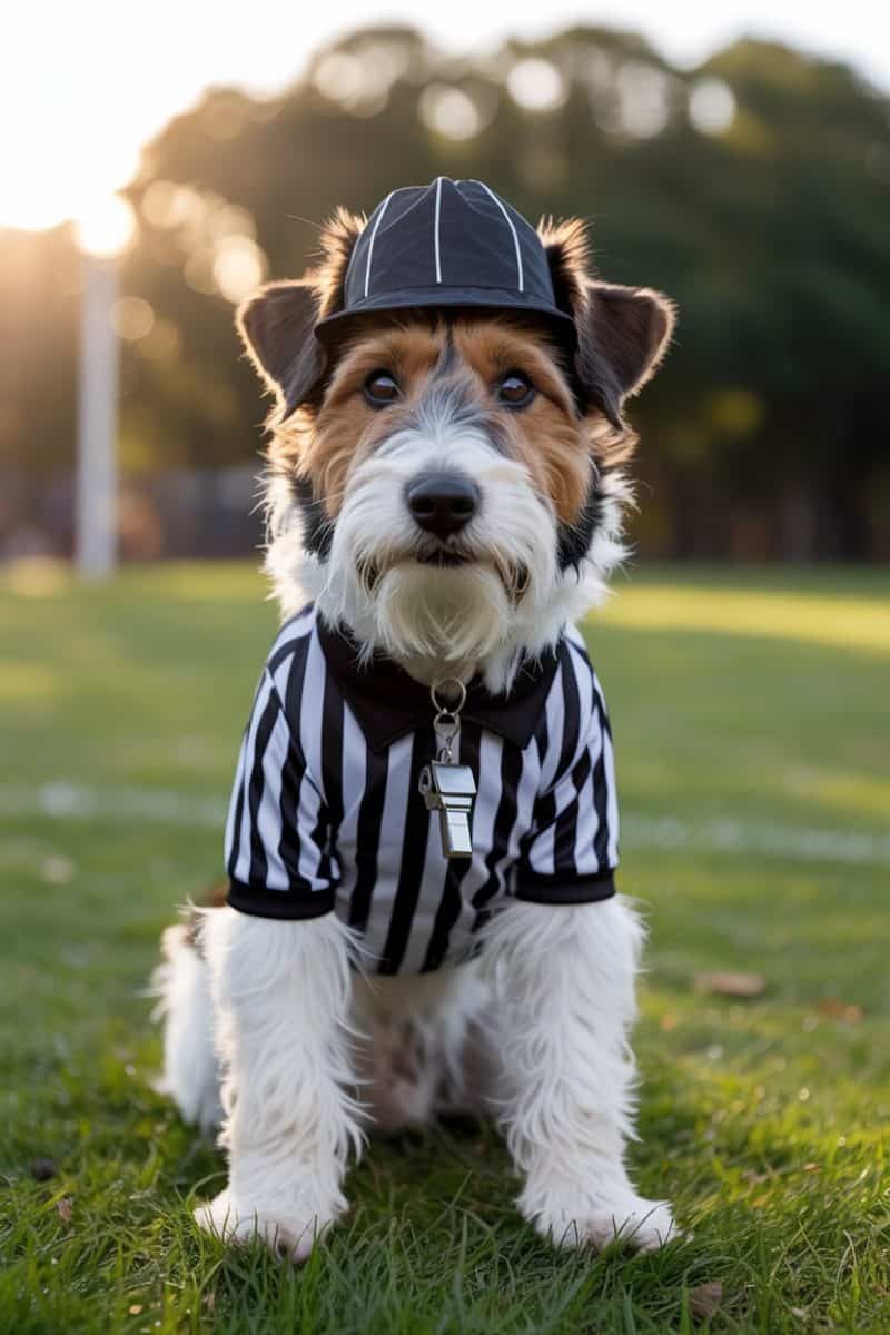 A Terrier dog wearing a referee-style black and white striped uniform and a black cap with white lines.