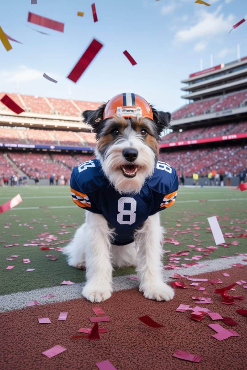 A terrier dog in a football jersey and helmet,
celebrating with confetti.