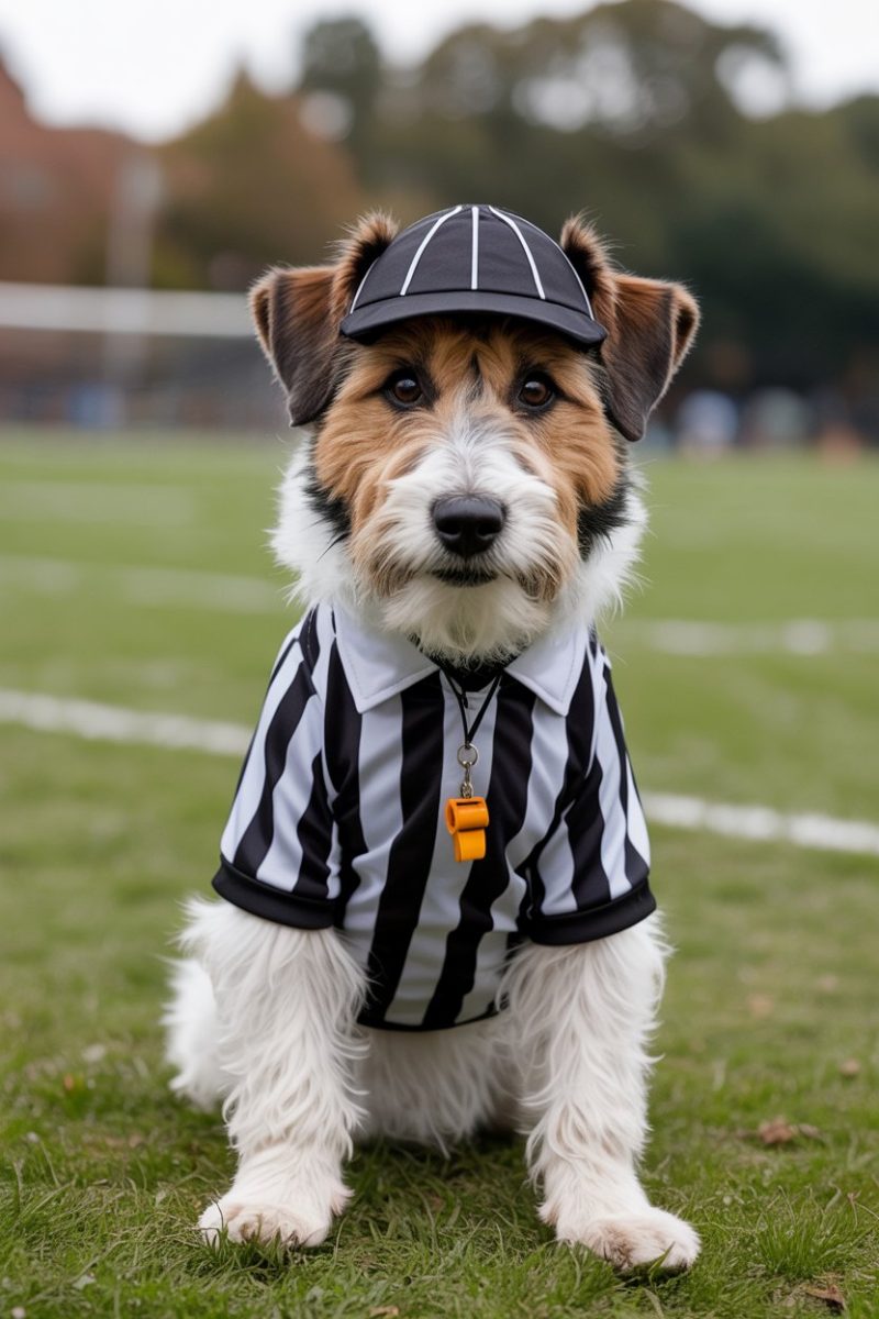 A Jack Russell Terrier dog dressed as a sports referee, sitting on a grass field.