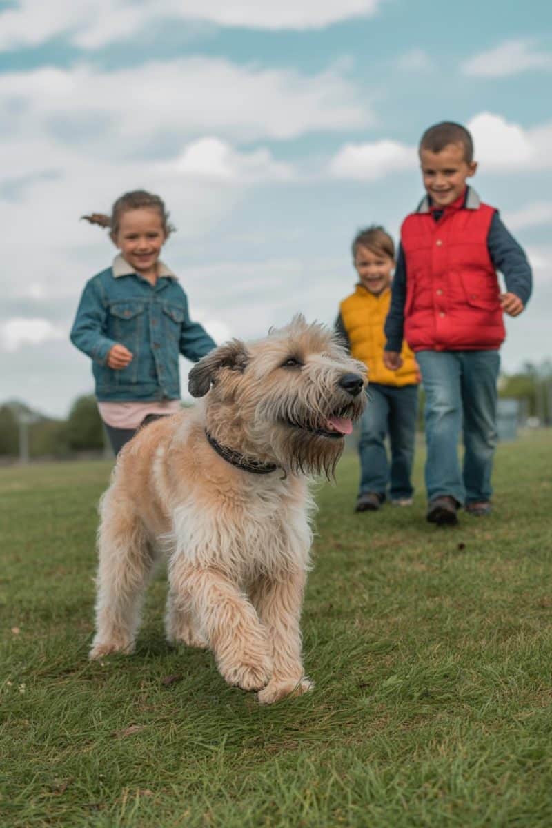 A Wheaten Terrier dog standing in the foreground on green grass, with three children in casual clothing standing behind it.