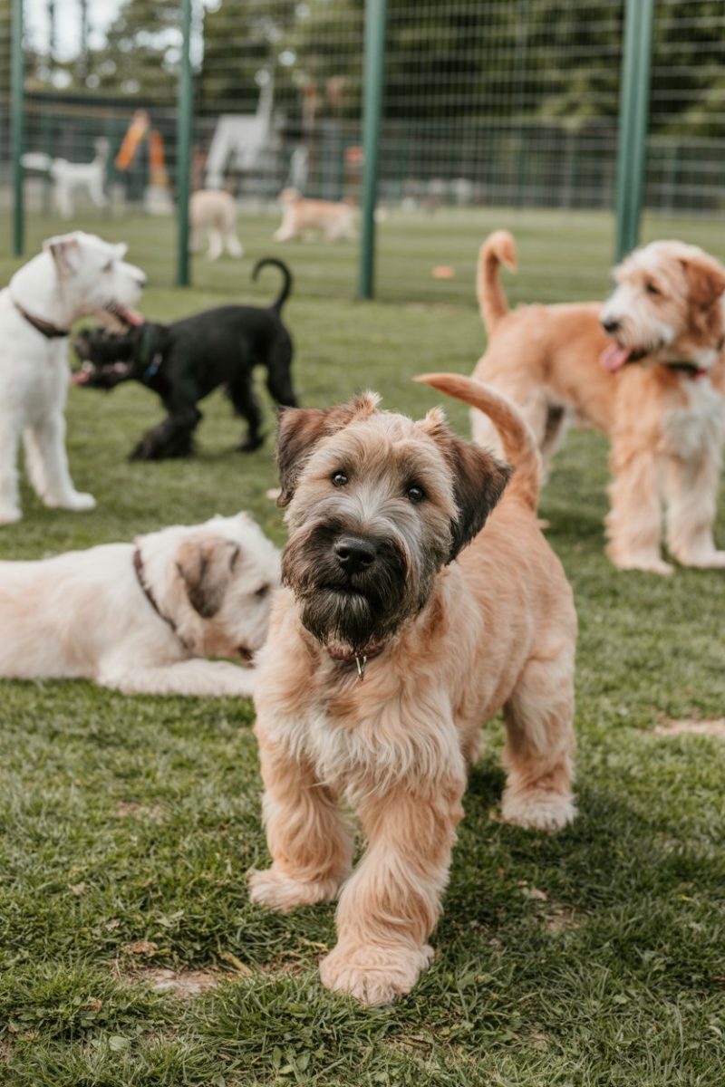 Multiple dogs playing on a grass field.