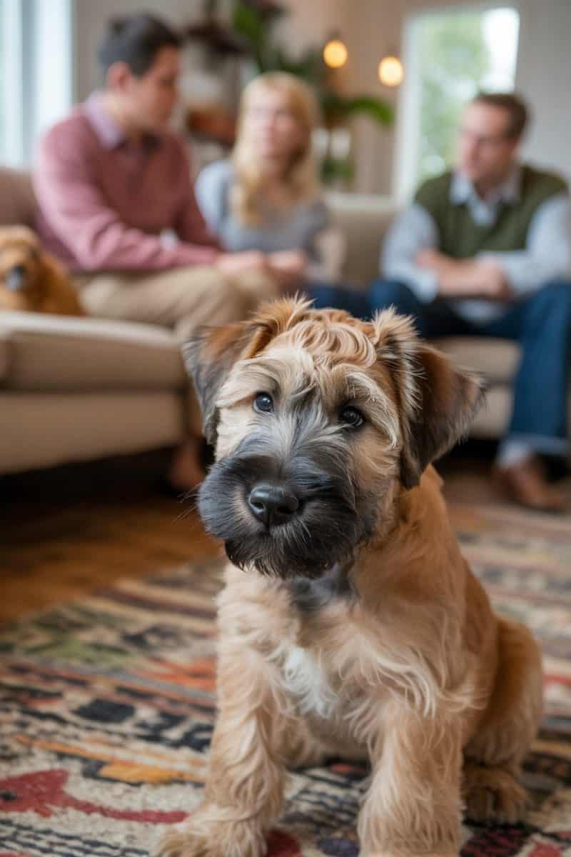A soft-coated wheaten terrier puppy sitting on a patterned area rug.
