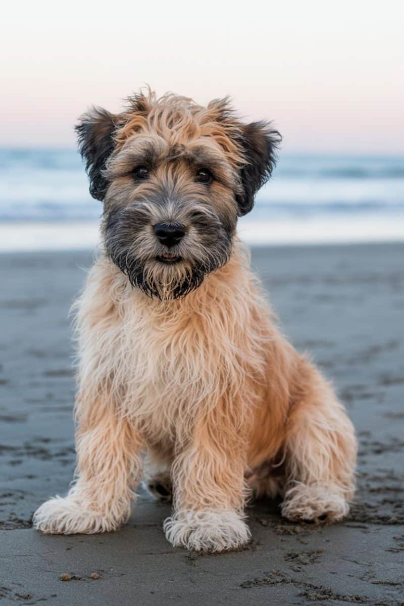 A Wheaten Terrier puppy sitting on dark wet sand at the beach. 