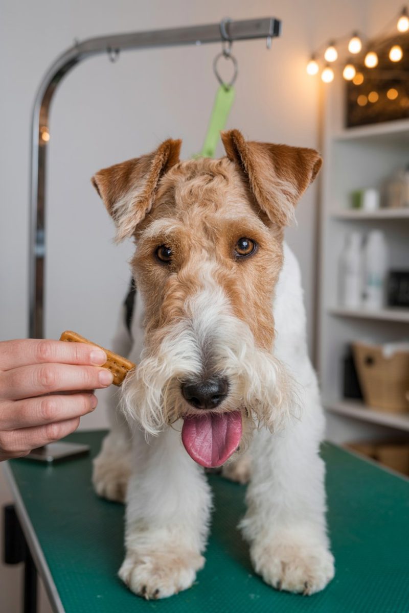 A Wire Fox Terrier dog on a green grooming table and a hand is holding a small brown treat towards the dog's mouth.