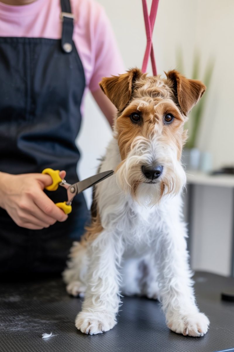 A Wire Fox Terrier on a black grooming table.